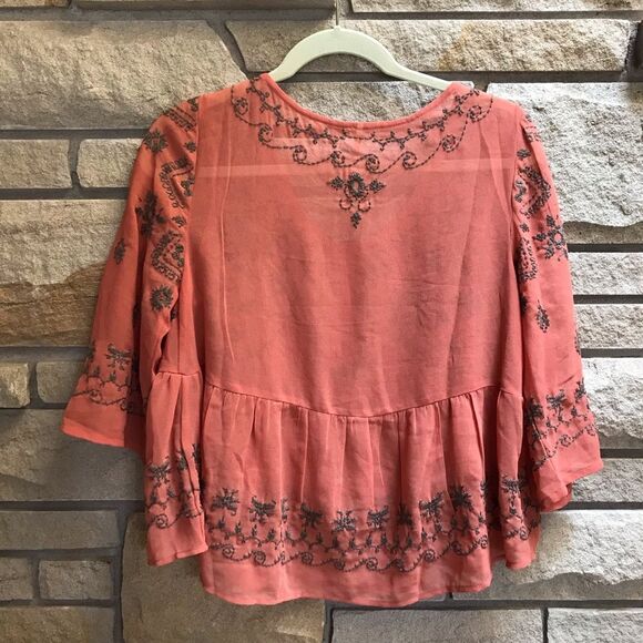 Free People Pennies Sequel Embroidered Top coral Peach small boho sheer - Picture 3 of 9